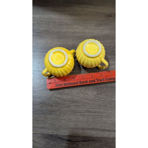 Vintage Retro Sunny Yellow Ribbed Ceramic Sugar Bowl & Creamer Set Two Handles - Picture 7 of 7